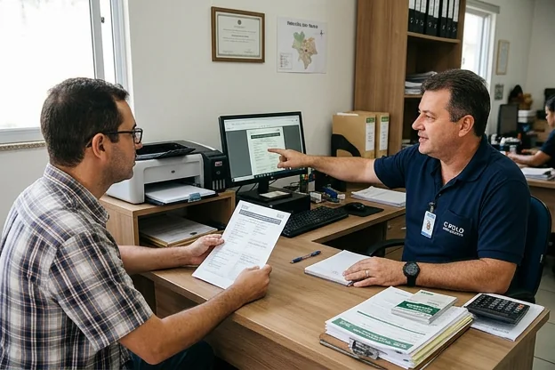 Profissional orientando sobre impressão do CRLV-e em Ribeirão das Neves.
